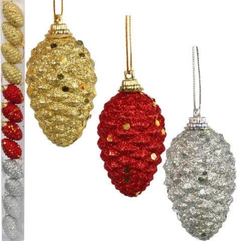 12 Dekoracyjnych Bombek Szyszka 7 cm z Brokatem w 3 Kolorach
