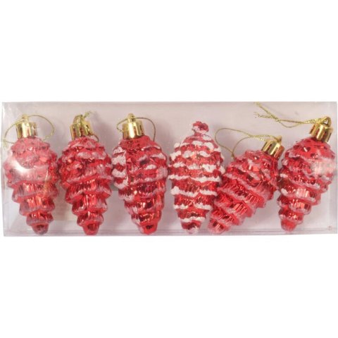 Czerwone Bombki Plastikowe w Kształcie Szyszek z Brokatem 6 cm - zestaw 6 sztuk