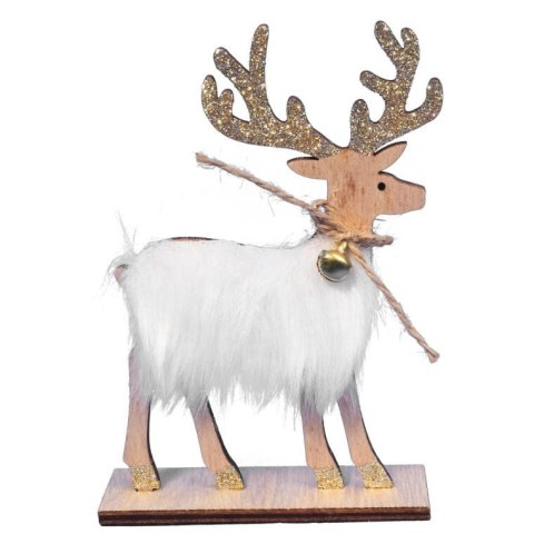 Drewniana Figurka Renifera z Bożonarodzeniowym Dzwonkiem w Sztucznym Futrze