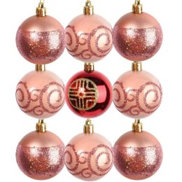 Komplet 9 Różowych Plastikowych Bombek Bożonarodzeniowych z Dekorem
