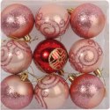 Komplet 9 Różowych Plastikowych Bombek Bożonarodzeniowych z Dekorem