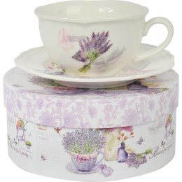 Komplet ceramiczny filiżanka z talerzykiem z kwiatami w wazonie w prezentowym kartoniku