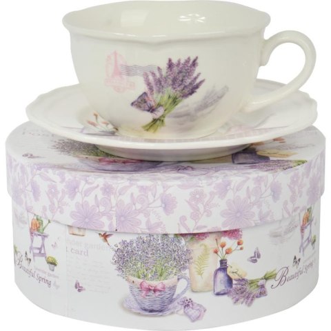 Komplet ceramiczny filiżanka z talerzykiem z kwiatami w wazonie w prezentowym kartoniku