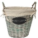 Koszyk Wiklinowy z Uchwytami, Wkładem Lnianym i Dekoracyjnym Napisem WELCOME Szary