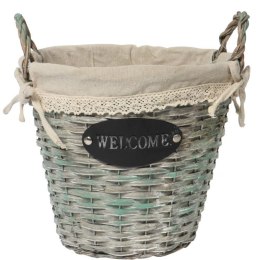 Koszyk Wiklinowy z Uchwytami, Wkładem Lnianym i Dekoracyjnym Napisem WELCOME Szary
