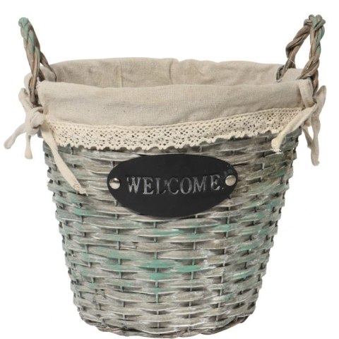 Koszyk Wiklinowy z Uchwytami, Wkładem Lnianym i Dekoracyjnym Napisem WELCOME Szary