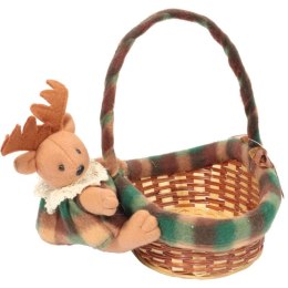 Owalny Koszyczek Świąteczny z Pluszowym Reniferem 20x17x16cm, Kolor Brązowo-Zielony