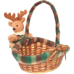 Owalny Koszyczek Świąteczny z Pluszowym Reniferem 20x17x16cm, Kolor Brązowo-Zielony