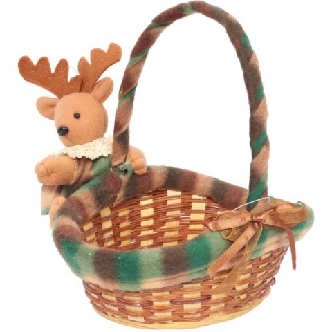 Owalny Koszyczek Świąteczny z Pluszowym Reniferem 20x17x16cm, Kolor Brązowo-Zielony