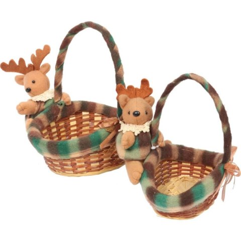 Owalny Koszyczek Świąteczny z Pluszowym Reniferem 24 cm - Kolor Brązowo-Zielony