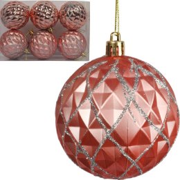 Różowe Bombki Bożonarodzeniowe z Brokatowym Dekorem, Plastikowe, 6 Sztuk, 8 cm