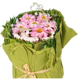 ZIELONA KOMPOZYCJA Z PAPIEROWYMI RÓŻOWYMI KWIATAMI 12CM