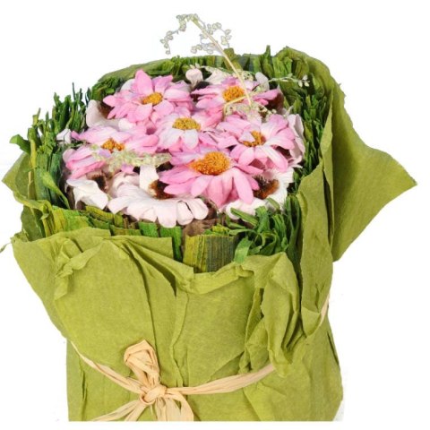 ZIELONA KOMPOZYCJA Z PAPIEROWYMI RÓŻOWYMI KWIATAMI 12CM