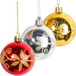 Zestaw 3 Brokatowych Bombek Plastikowych 6 cm - Złoty, Srebrny, Czerwony