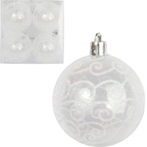 Zestaw 4 Plastikowych Bombek Bożonarodzeniowych ze Śnieżnym Dekorem, 6 cm