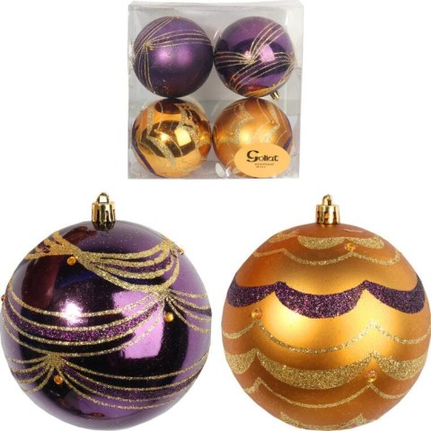 Zestaw 4 Plastikowych Bombek z Brokatowym Dekorem 10 cm - Złote i Fioletowe