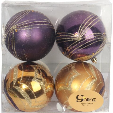 Zestaw 4 Plastikowych Bombek z Brokatowym Dekorem 10 cm - Złote i Fioletowe
