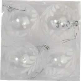 Zestaw 4 Przezroczystych Bombek Plastikowych z Białym Dekorem Śniegu, 8 cm