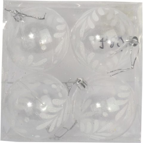 Zestaw 4 Przezroczystych Bombek Plastikowych z Białym Dekorem Śniegu, 8 cm