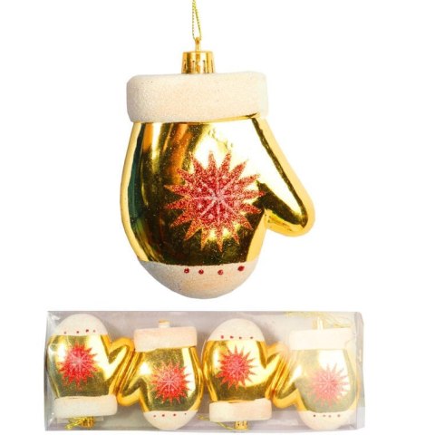 Zestaw 4 Złotych Bombek Plastikowych w Kształcie Rękawiczek z Brokatem 10 cm