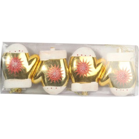 Zestaw 4 Złotych Bombek Plastikowych w Kształcie Rękawiczek z Brokatem 10 cm