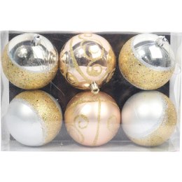 Zestaw 6 Bombek Plastikowych Srebrno-Złotych z Brokatowym Dekorem, 8 cm