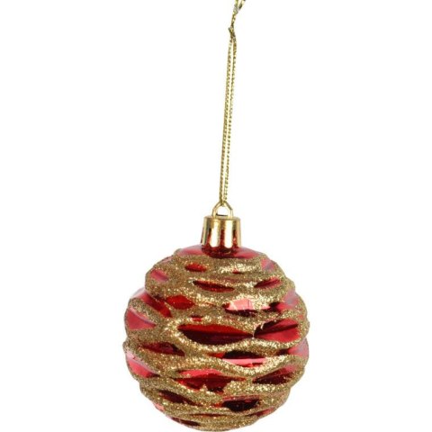 Zestaw 6 Czerwonych Plastikowych Bombek Bożonarodzeniowych z Złotym Dekorem