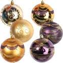 Zestaw 6 Dekorowanych Bombek Plastikowych Złotych o Wysokości 8cm