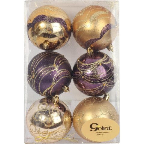 Zestaw 6 Dekorowanych Bombek Plastikowych Złotych o Wysokości 8cm
