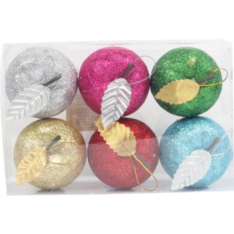 Zestaw 6 Multikolorowych Plastikowych Bombek w Kształcie Jabłek z Brokatem