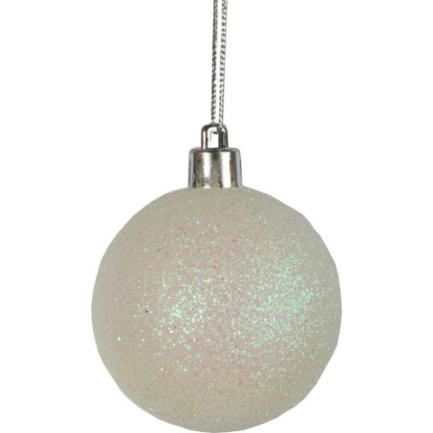 Zestaw 6 białych bombek plastikowych z brokatem, 6 cm