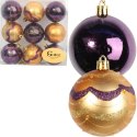 Zestaw 9 Plastikowych Bombek Bożonarodzeniowych Fioletowo-Złotych z Brokatowym Dekorem, 6 cm
