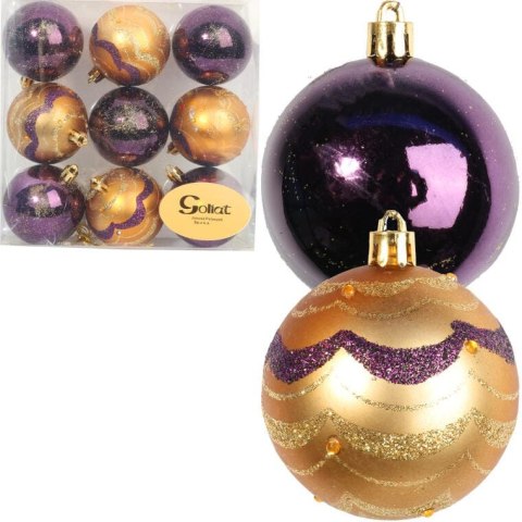 Zestaw 9 Plastikowych Bombek Bożonarodzeniowych Fioletowo-Złotych z Brokatowym Dekorem, 6 cm