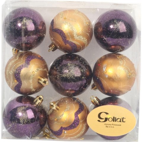 Zestaw 9 Plastikowych Bombek Bożonarodzeniowych Fioletowo-Złotych z Brokatowym Dekorem, 6 cm