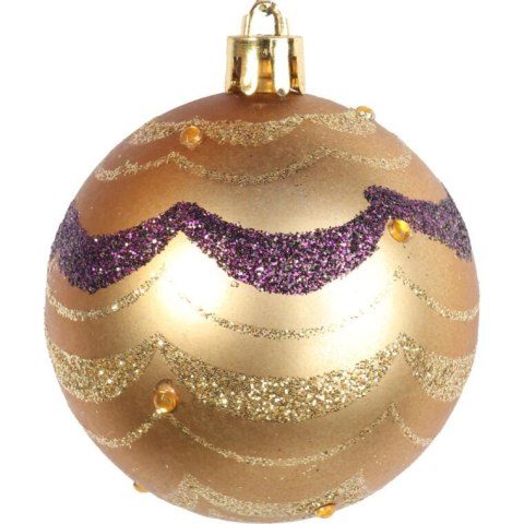 Zestaw 9 Plastikowych Bombek Bożonarodzeniowych Fioletowo-Złotych z Brokatowym Dekorem, 6 cm