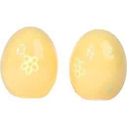 Zestaw Ceramicznych Solniczki i Pieprzniczki w Kształcie Jajek - Kolor Żółty z Zielonymi Kwiatkami