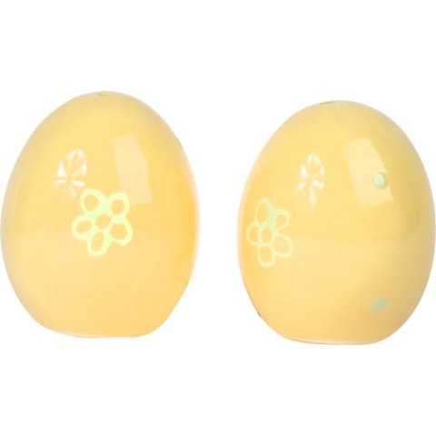 Zestaw Ceramicznych Solniczki i Pieprzniczki w Kształcie Jajek - Kolor Żółty z Zielonymi Kwiatkami