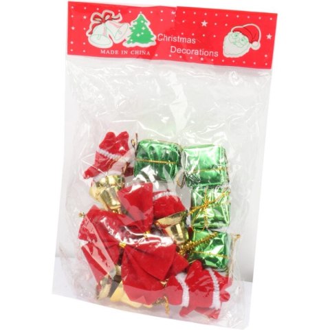 Zestaw Ozdób Bożonarodzeniowych KPL.16 - Mix: Mikołaje, Dzwonki, Paczuszki, Kokardki, Kolor: Czerwono-Zielono-Złoty