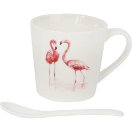 Zestaw prezentowy kubek i łyżeczka ceramiczna ze stojącymi flamingami