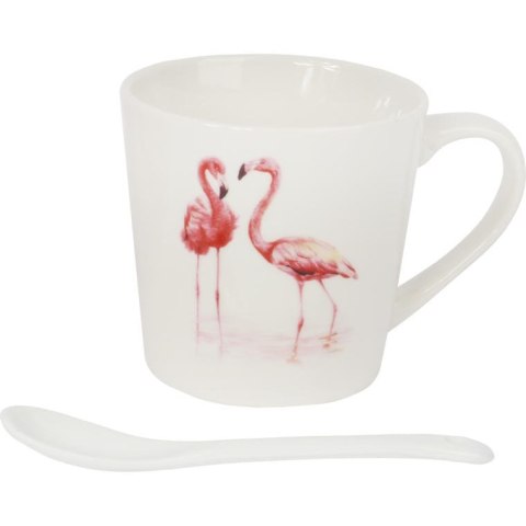Zestaw prezentowy kubek i łyżeczka ceramiczna ze stojącymi flamingami