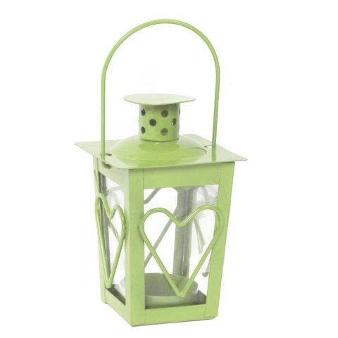 Zielona Metalowo-Szklana Latarnia na Świeczki Tealight z Serduszkiem