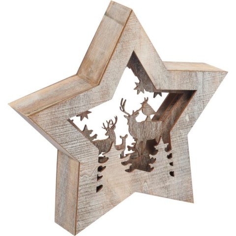 DEKORACJA ŚWIETLNA 10 LED DREWNIANA GWIAZDA Z RENIFERAMI 24 CM