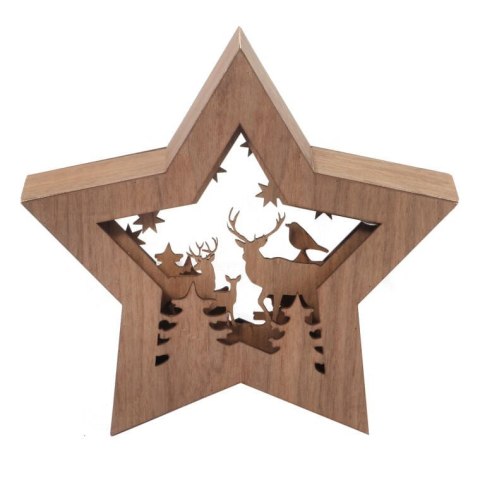 DEKORACJA ŚWIETLNA 10 LED DREWNIANA GWIAZDA Z RENIFERAMI 24 CM
