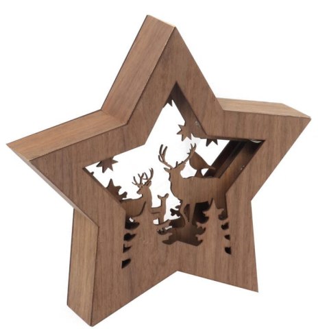 DEKORACJA ŚWIETLNA 10 LED DREWNIANA GWIAZDA Z RENIFERAMI 24 CM