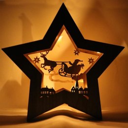 Drewniana Świąteczna Gwiazda LED z Motywem Mikołaja na Saniach, 28 cm, Zasilanie Bateryjne