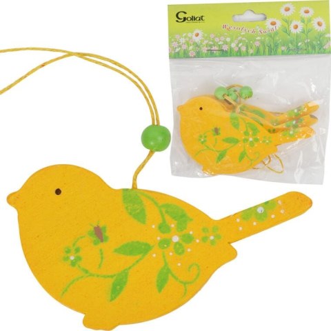 Komplet 3 Drewnianych Zawieszek w Kształcie Ptaków - Żółte z Zieloną Dekoracją