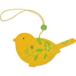 Komplet 3 Drewnianych Zawieszek w Kształcie Ptaków - Żółte z Zieloną Dekoracją