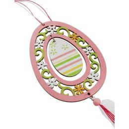 Różowe Ażurowe Drewniane Jajko Wielkanocne na Tasiemkach - Zawieszka, 60 cm