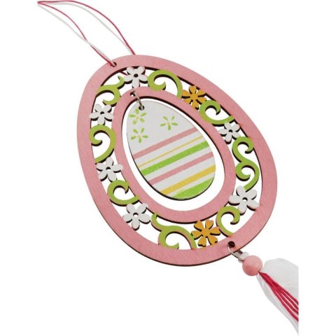 Różowe Ażurowe Drewniane Jajko Wielkanocne na Tasiemkach - Zawieszka, 60 cm