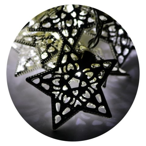 Srebrne Metalowe Lampki Choinkowe w Kształcie Gwiazd - 20 LED, Zasilane Bateryjnie, Długość 2,85 metra